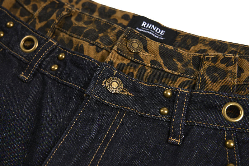 Wide-Leg Jeans with Leopard Print Double Waistband – Men's Dark Indigo Denim
