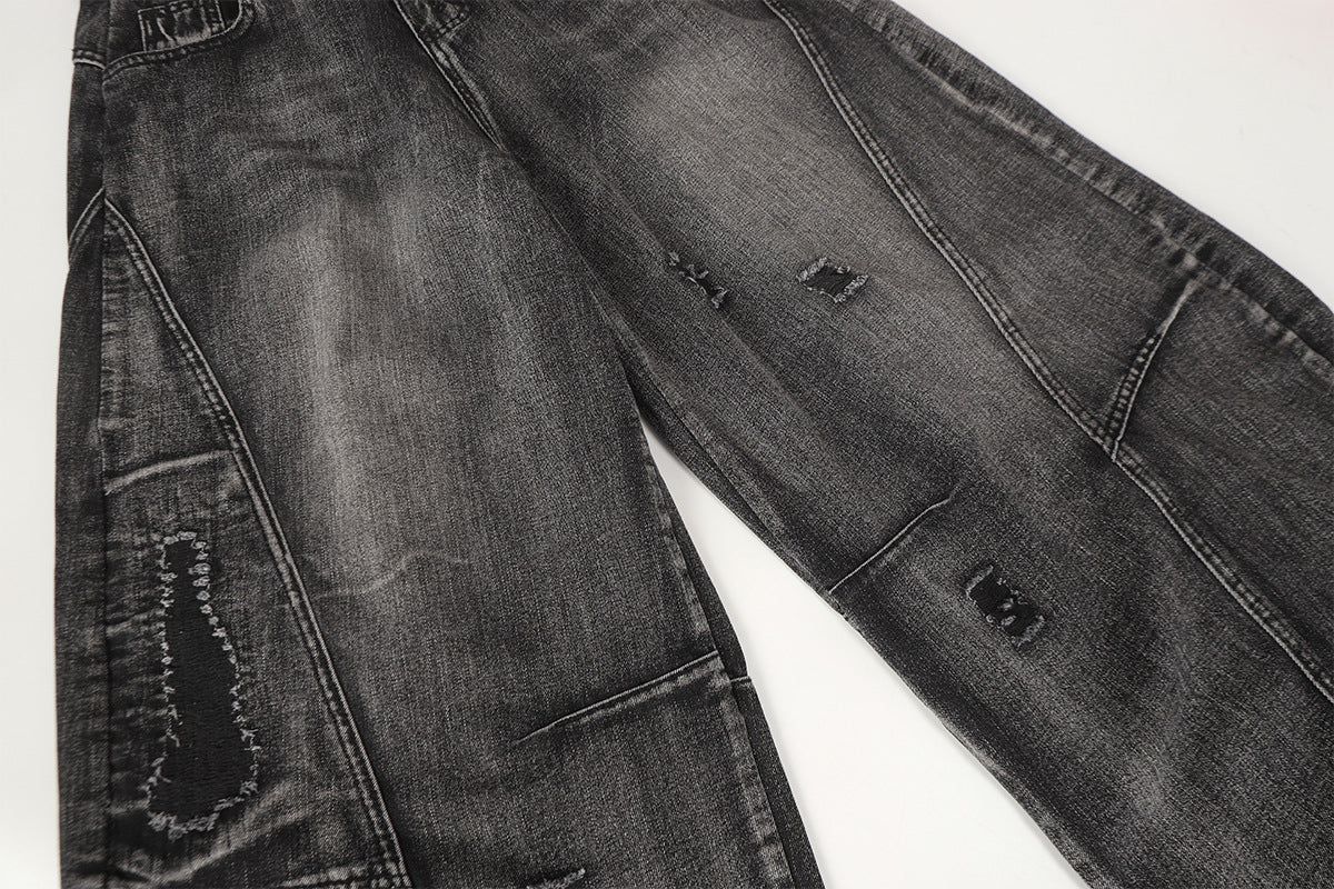 Jean baggy noir déchiré – Pantalon en denim délavé à jambe large