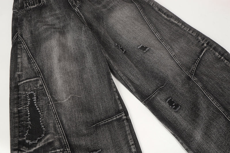 Jean baggy noir déchiré – Pantalon en denim délavé à jambe large