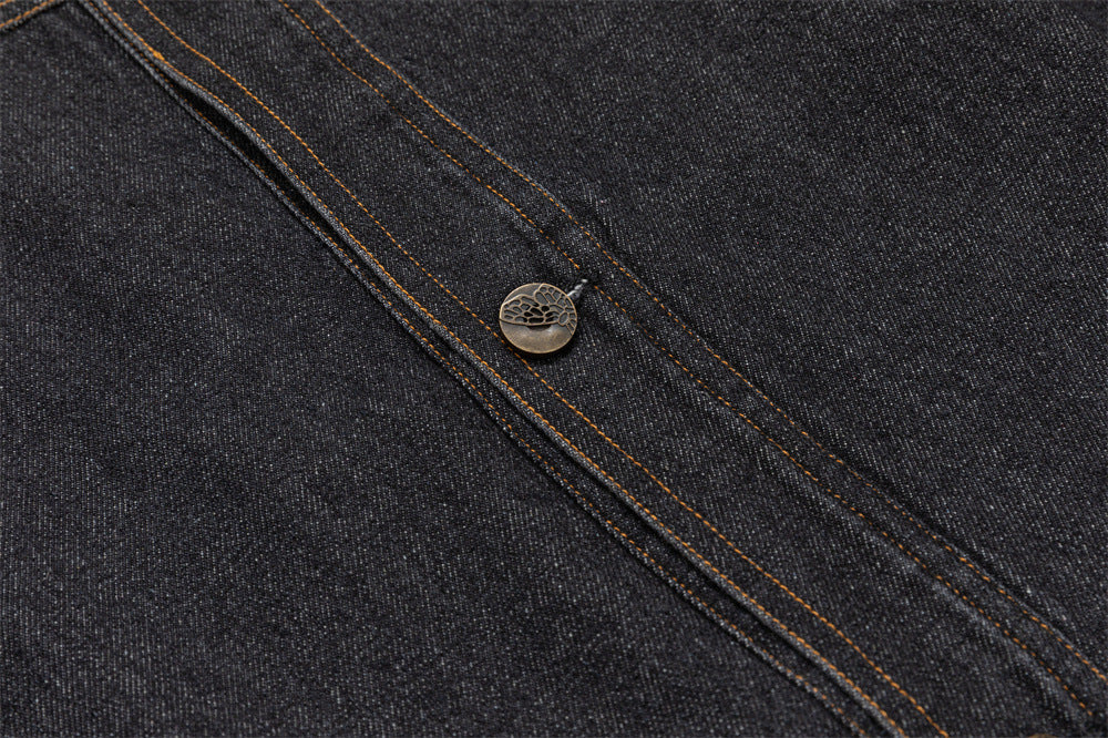 Black Denim Jacket with Embroidered Stitch Detail and Studded Accents
