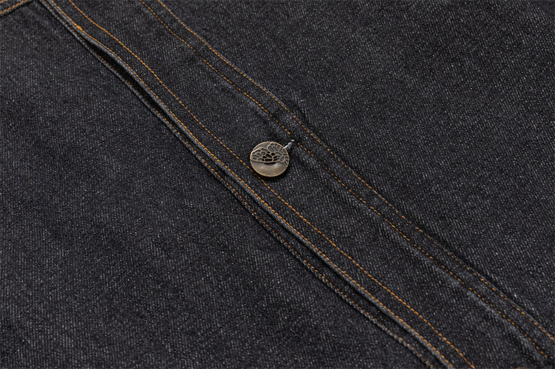 Black Denim Jacket with Embroidered Stitch Detail and Studded Accents