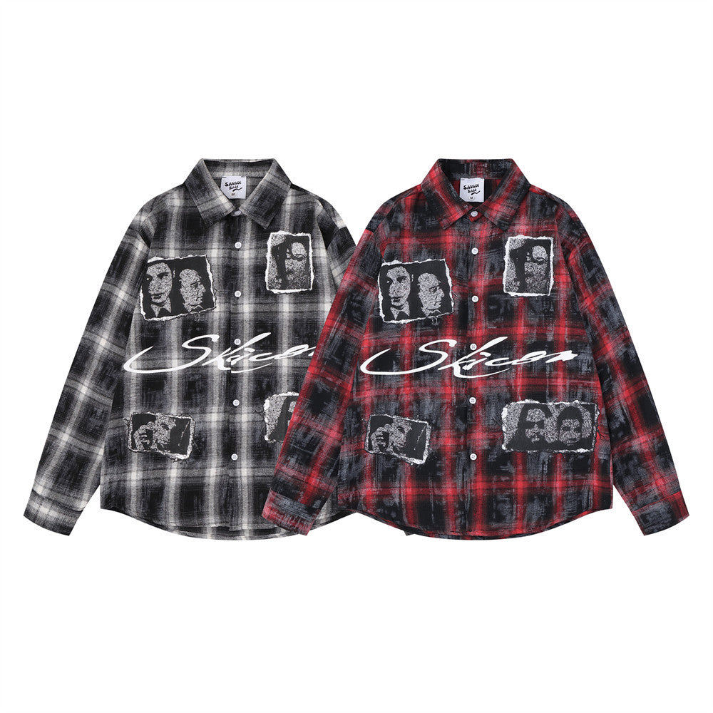 Plaid Long Sleeve Shirt Men – Oversized Flannel with Portrait Graphic Print