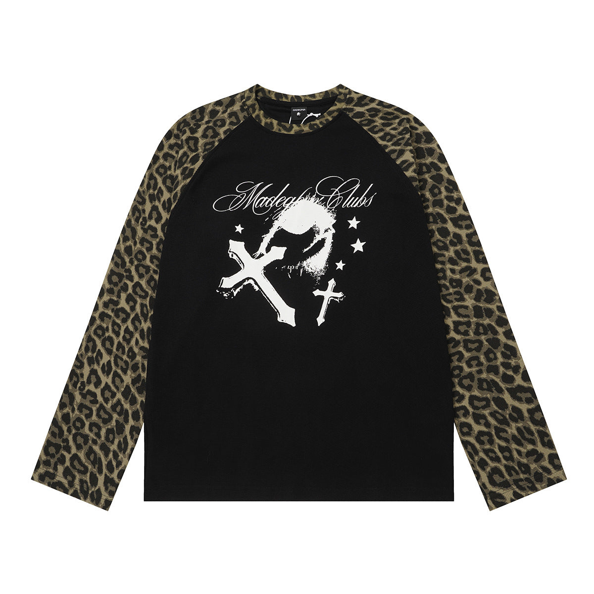 Langarm-Raglan-Shirt mit kontrastierenden Leopardenprint-Ärmeln und gotischem Kreuz-Print auf schwarzem Rumpf