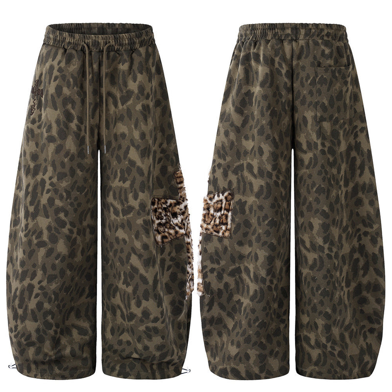 Wide-Leg Leopard Print Sweatpants with Faux Fur Cargo Pocket – Men's Relaxed Fit