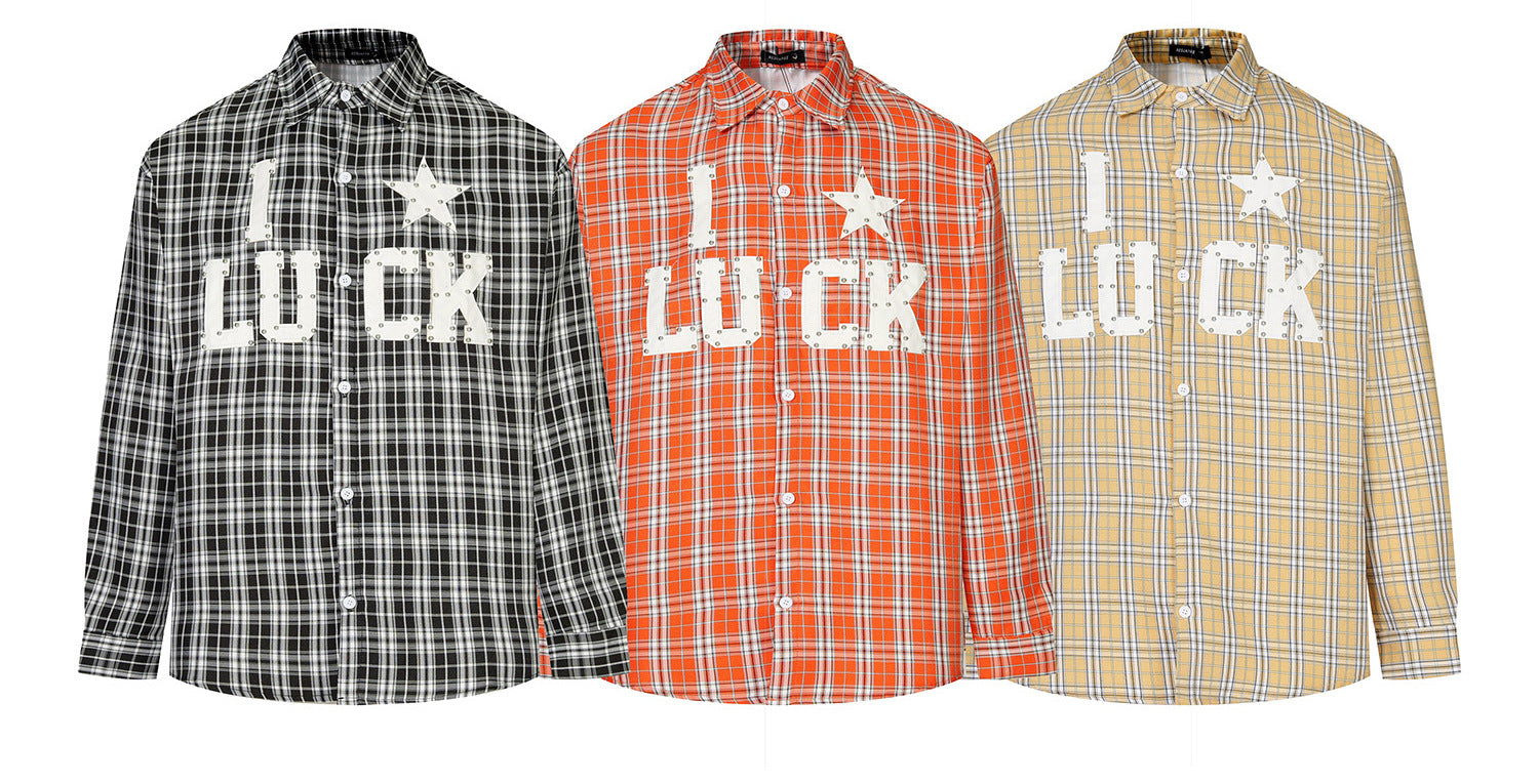 Designer Long Sleeve Shirt – Plaid Studded 'LUCK' Star Graphic, Relaxed Fit