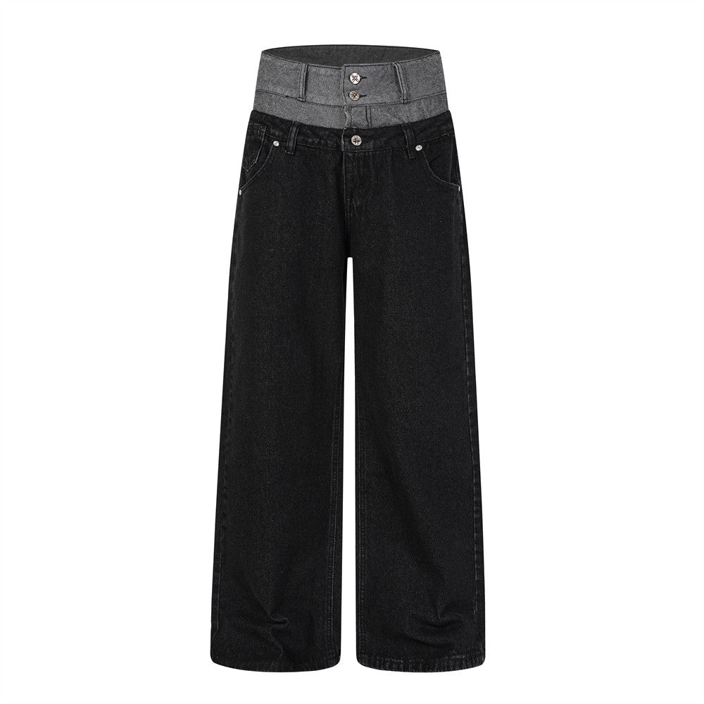 Front view of black wide-leg jeans with a gray double waistband and metal button fly