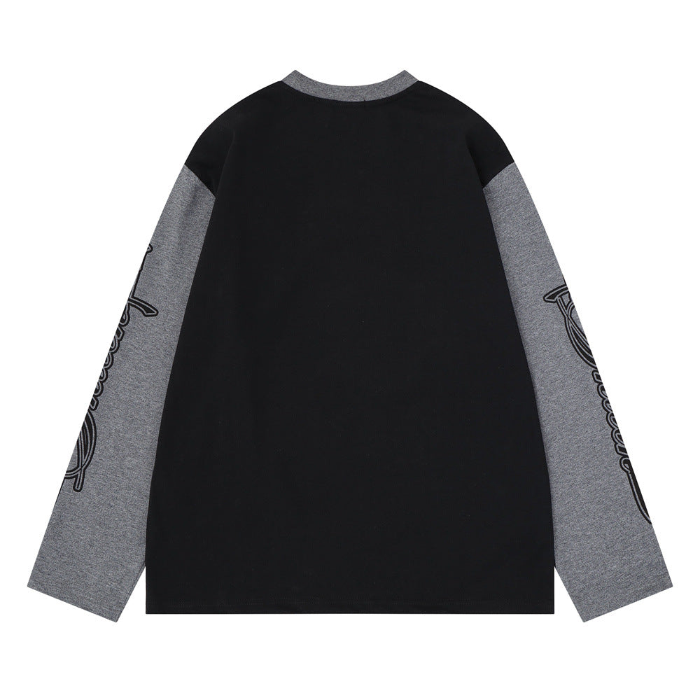 Camiseta de manga larga para hombre con bloques de color y bordado de texto – Corte relajado