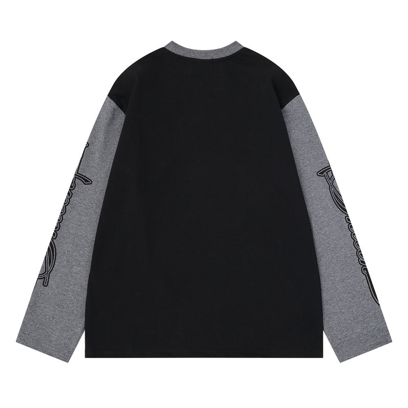 Camiseta de manga larga para hombre con bloques de color y bordado de texto – Corte relajado