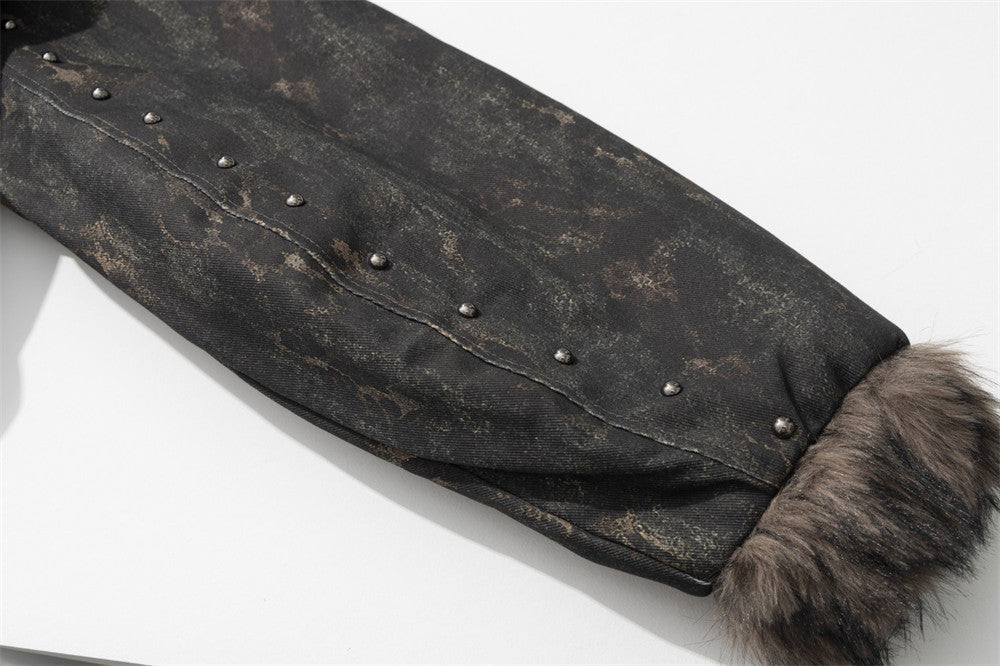 Men's Punk Bomber Jacket with Faux Fur Trim, Distressed Camo Print &