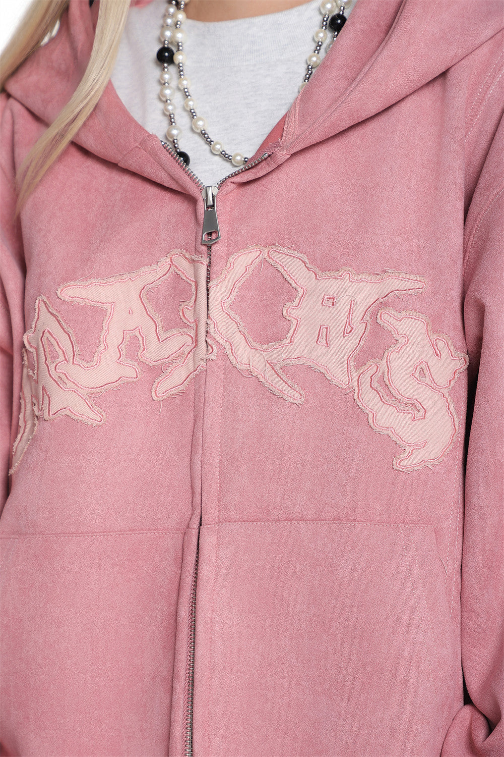 Baggy Zip Up Hoodie with Letter Appliqué — Oversized Streetwear Zip Hoodie