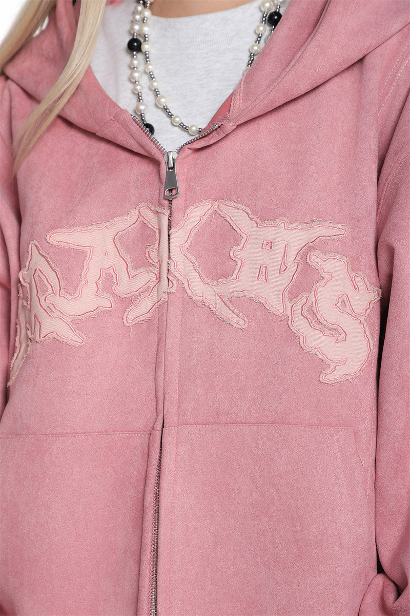 Baggy Zip Up Hoodie with Letter Appliqué — Oversized Streetwear Zip Hoodie