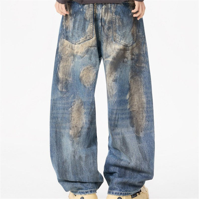 Wide-Leg Distressed Jeans – Dirty Wash Tie-Dye Ripped Denim, Relaxed Fit