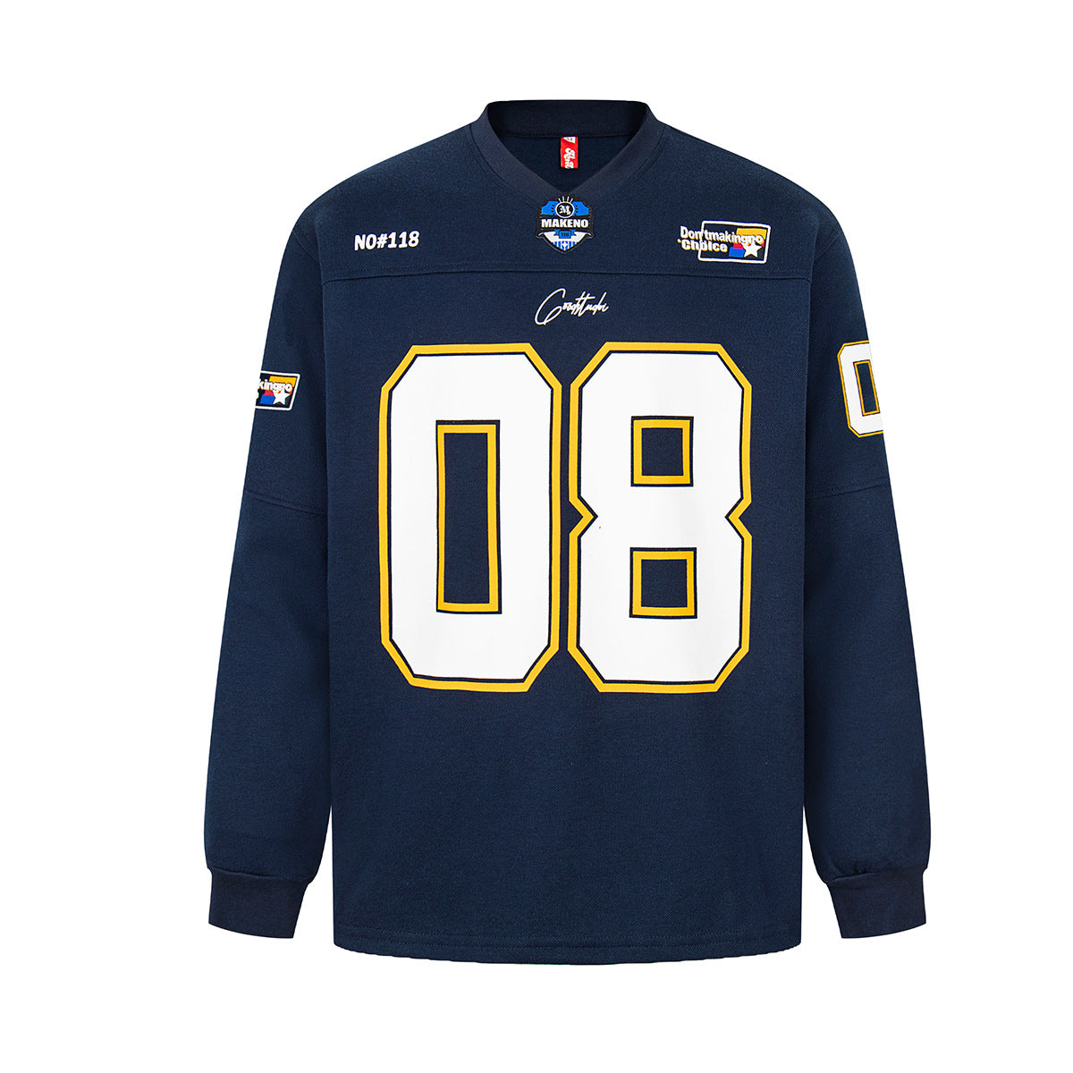 Camiseta de manga larga estilo jersey de fútbol americano MAKENO n.º 08, en azul marino, con gráfico numérico dorado y parches de insignias