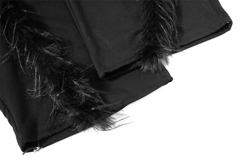 Black Baggy Wide-Leg Pants – Feather Trim & Rhinestone Script Detail