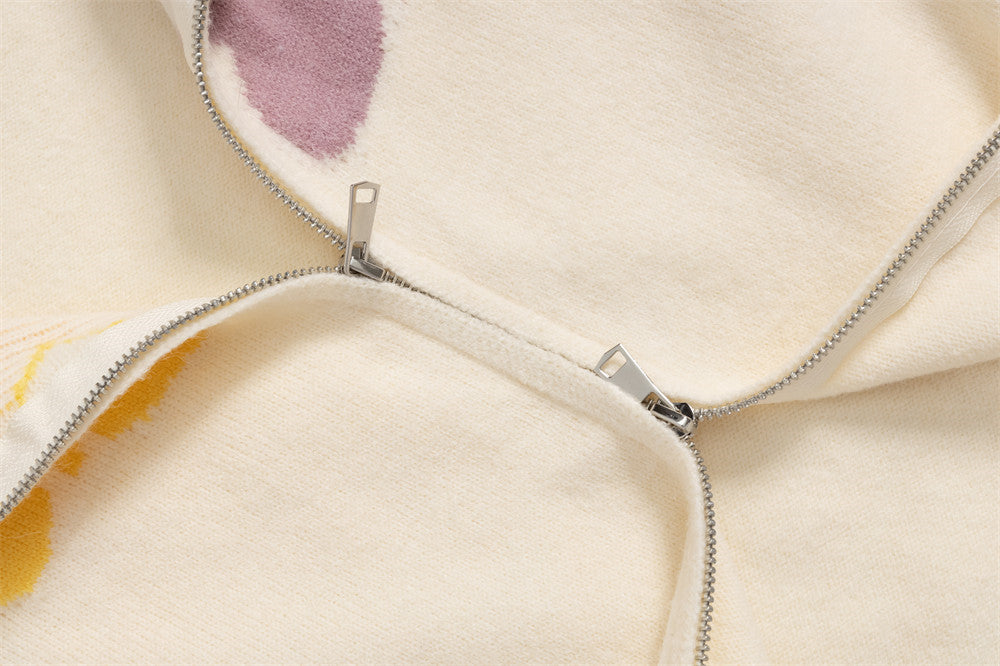 Jacquard-Strick-Cardigan mit Schmetterlingen und Reißverschluss – Colourblock-Streetwear-Pullover