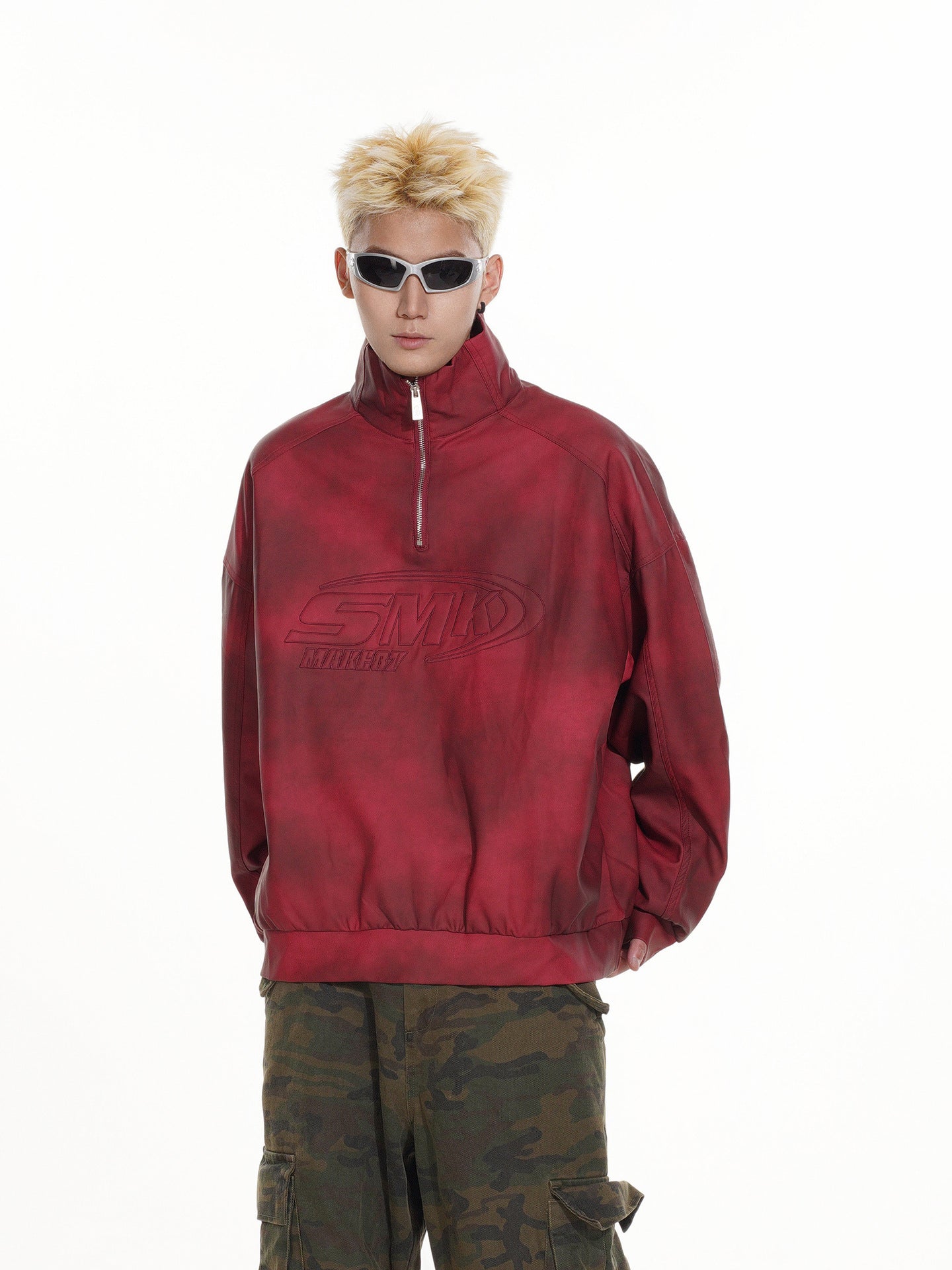 Sweat-shirt SMK à demi-zip – Col montant vintage effet délavé à l’acide