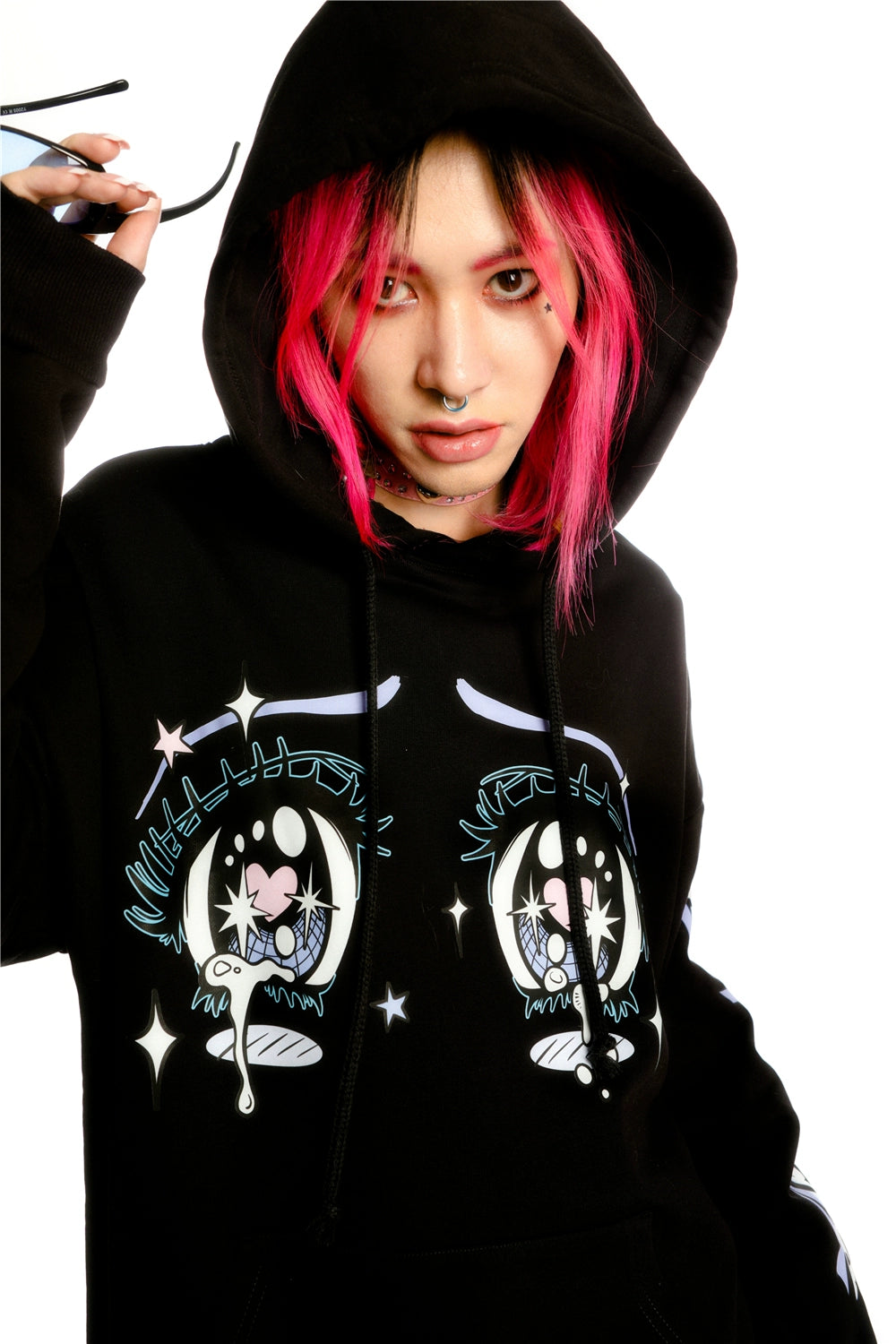 Kawaii Aesthetic Crying Eyes Hoodie – Pastel &amp; Dark Anime Pullover with Sleeve Graphics