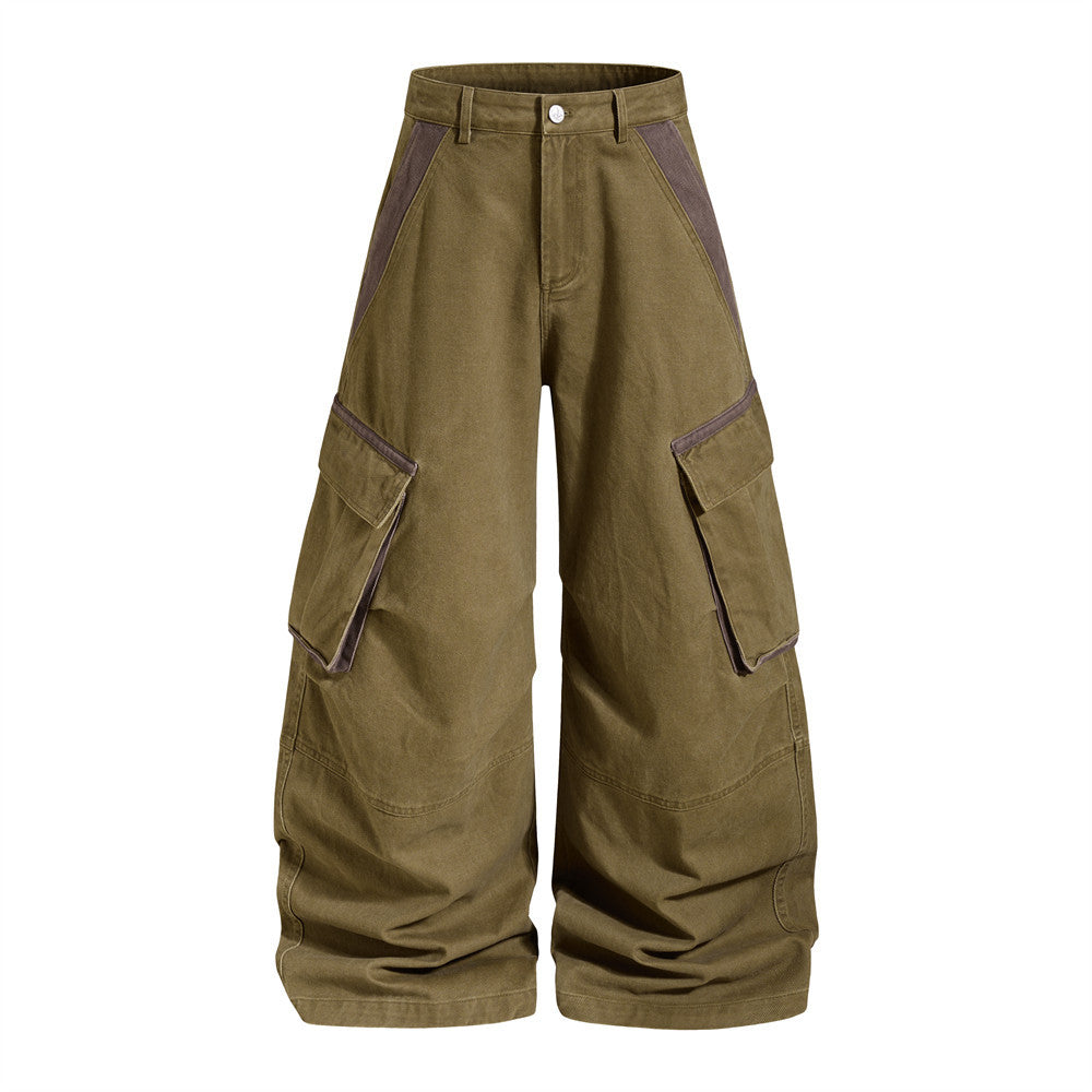 Wide-Leg Cargo Pants with Multi-Pocket Contrast Panel Design