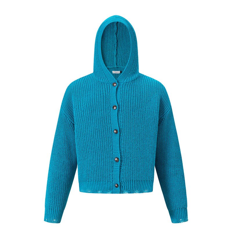 Hooded Knit Button Cardigan with Distressed Hem – Relaxed Vintage Streetwear