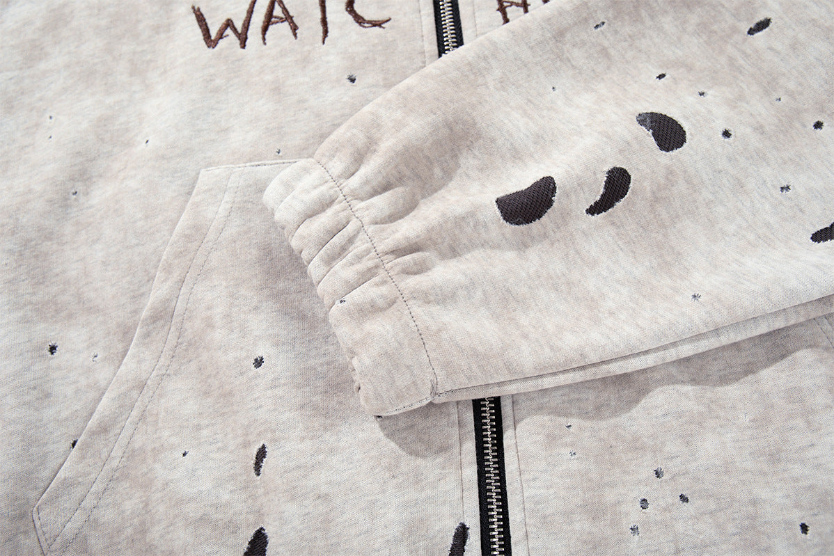 Gray Zip Up Hoodie – Washed Distressed Graffiti Graphic Zip-Front Streetwear