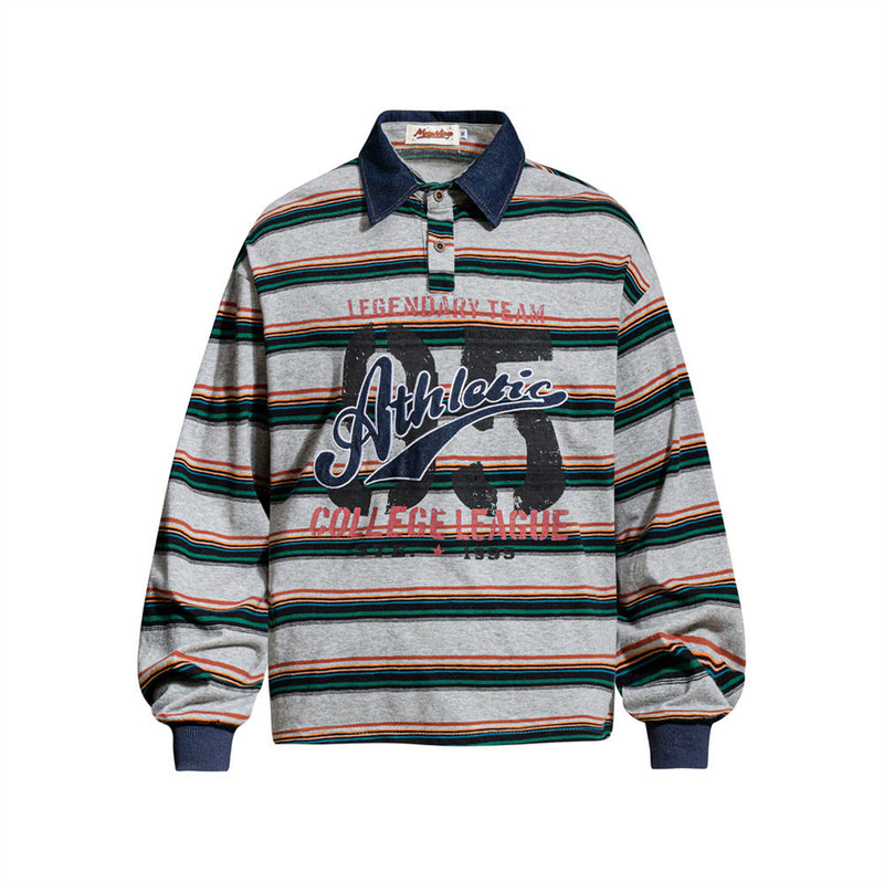 Polo de rugby oversize de manga larga con rayas, cuello vaquero y gráfico desgastado Athletic 95 College League en el pecho