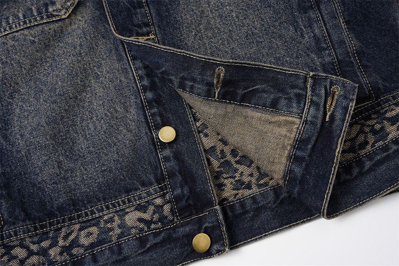 Veste en jean jacquard léopard – Trucker homme délavé à coupe décontractée