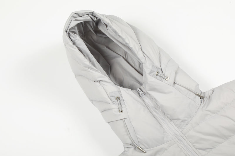 Hooded Puffer Down Jacket – Quilted Winter Coat in Light Gray & Black