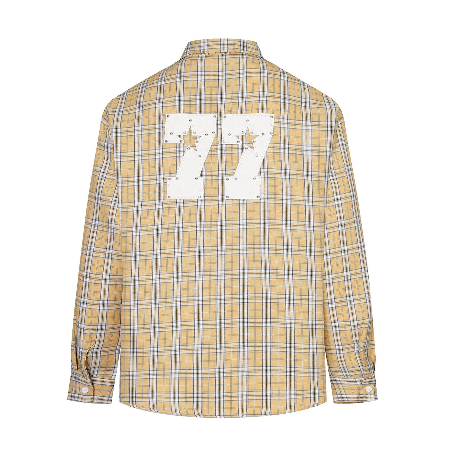 Designer Long Sleeve Shirt – Plaid Studded 'LUCK' Star Graphic, Relaxed Fit