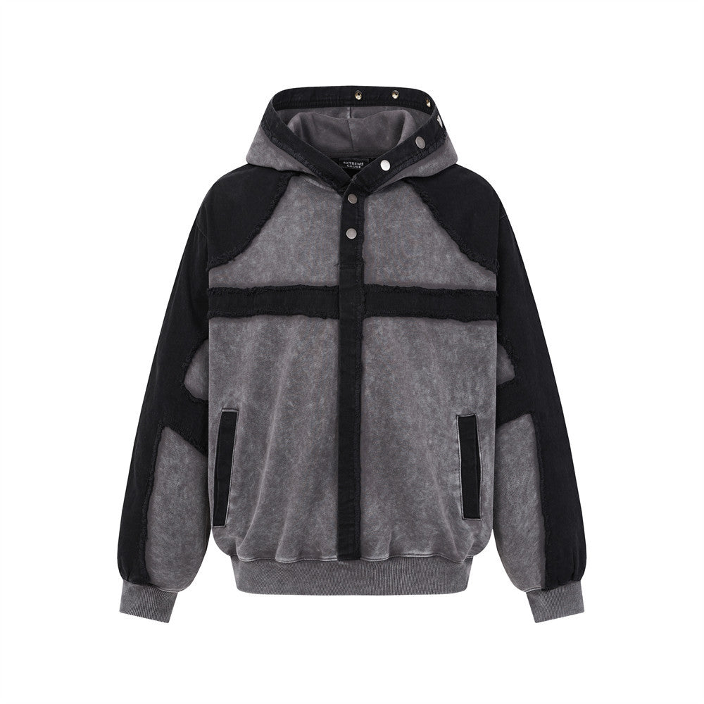 Veste à capuche zippée délavée à l'acide – Patchwork à bords francs et coupe oversize
