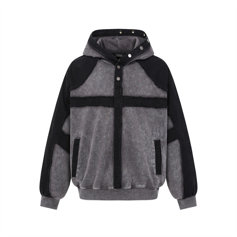 Veste à capuche zippée délavée à l'acide – Patchwork à bords francs et coupe oversize