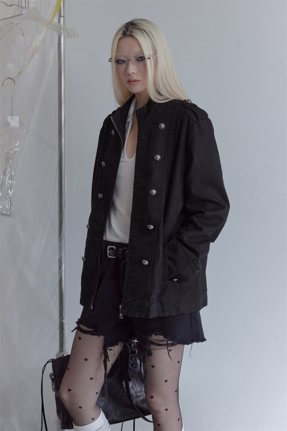 Black Double-Breasted Military Jacket – Stand Collar Structured Workwear Coat