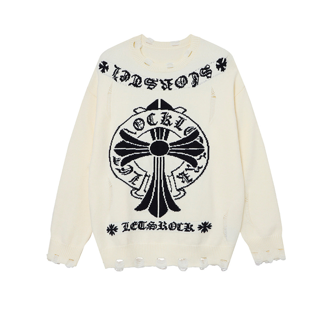 Crew Neck Knit Sweater Gothic Cross Distressed Hem Streetwear