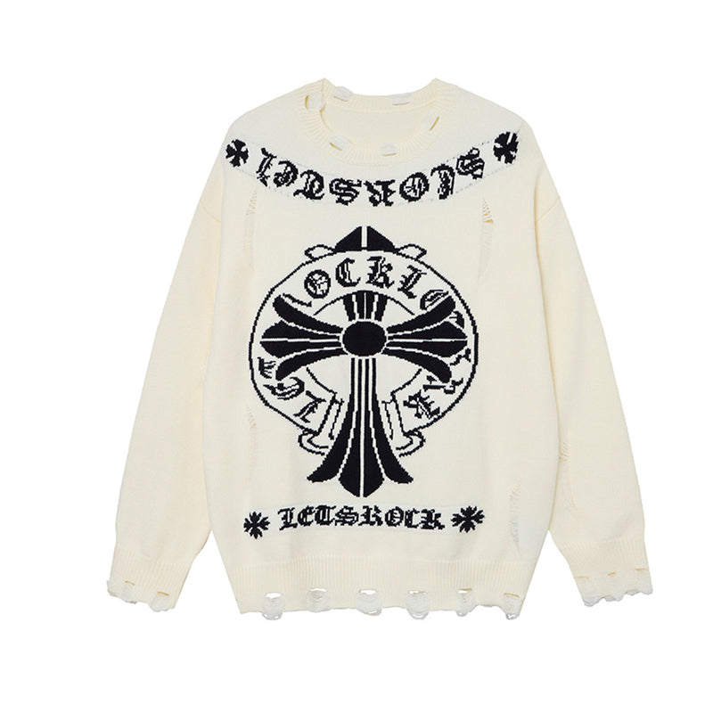 Crew Neck Knit Sweater Gothic Cross Distressed Hem Streetwear