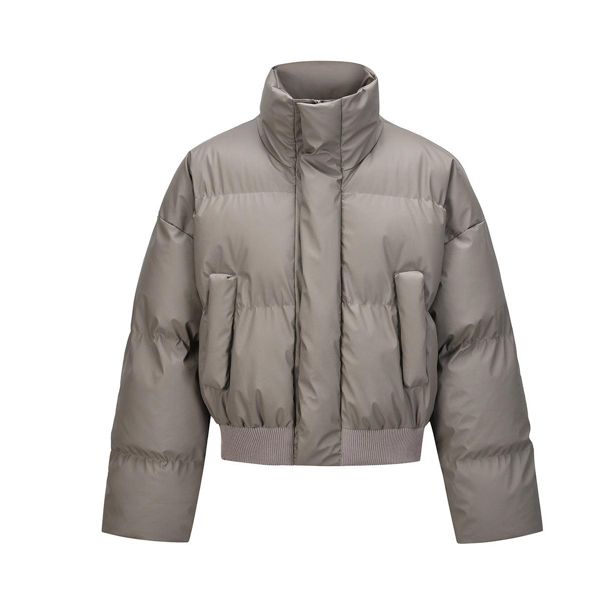 Blouson bomber matelassé court kaki avec col montant et bas côtelé, vue de face