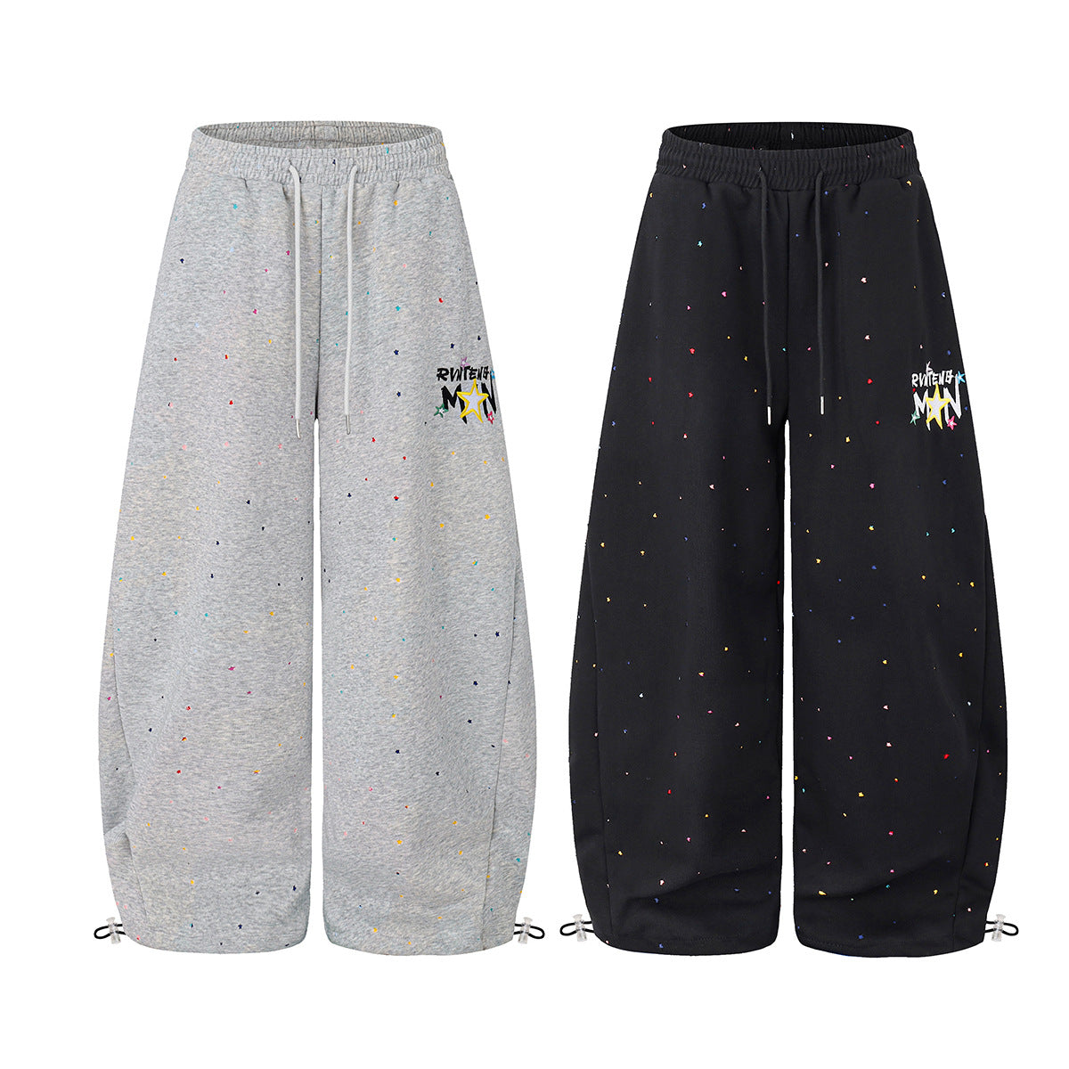 Wide-Leg Sweatpants with Star Embroidery & Paint Splatter Print