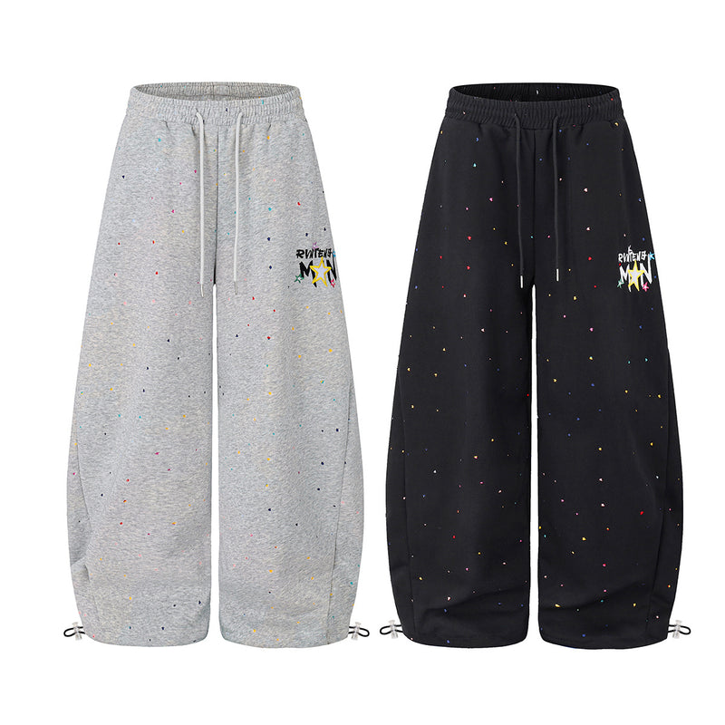 Wide-Leg Sweatpants with Star Embroidery & Paint Splatter Print
