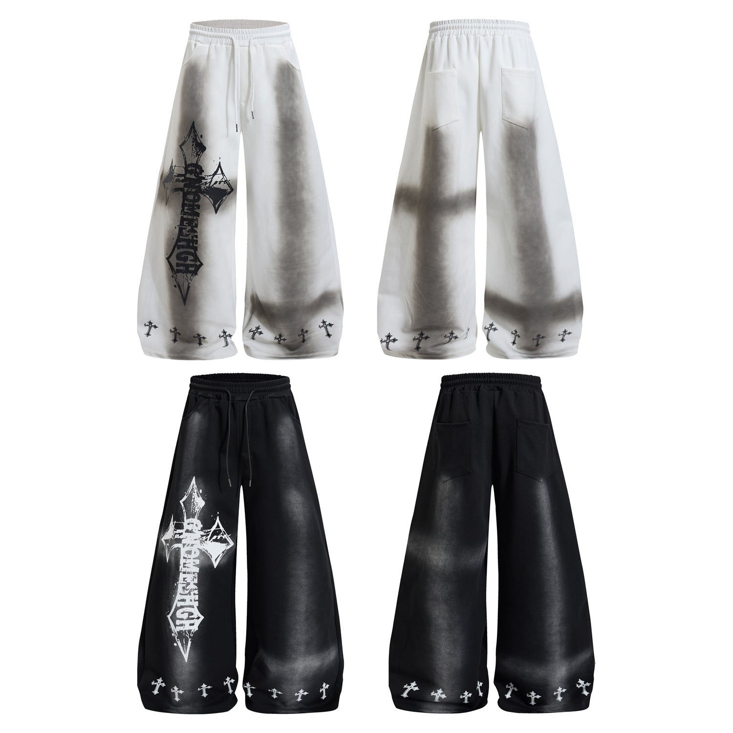 Pantalon de survêtement à jambes larges avec croix gothique et finition délavée