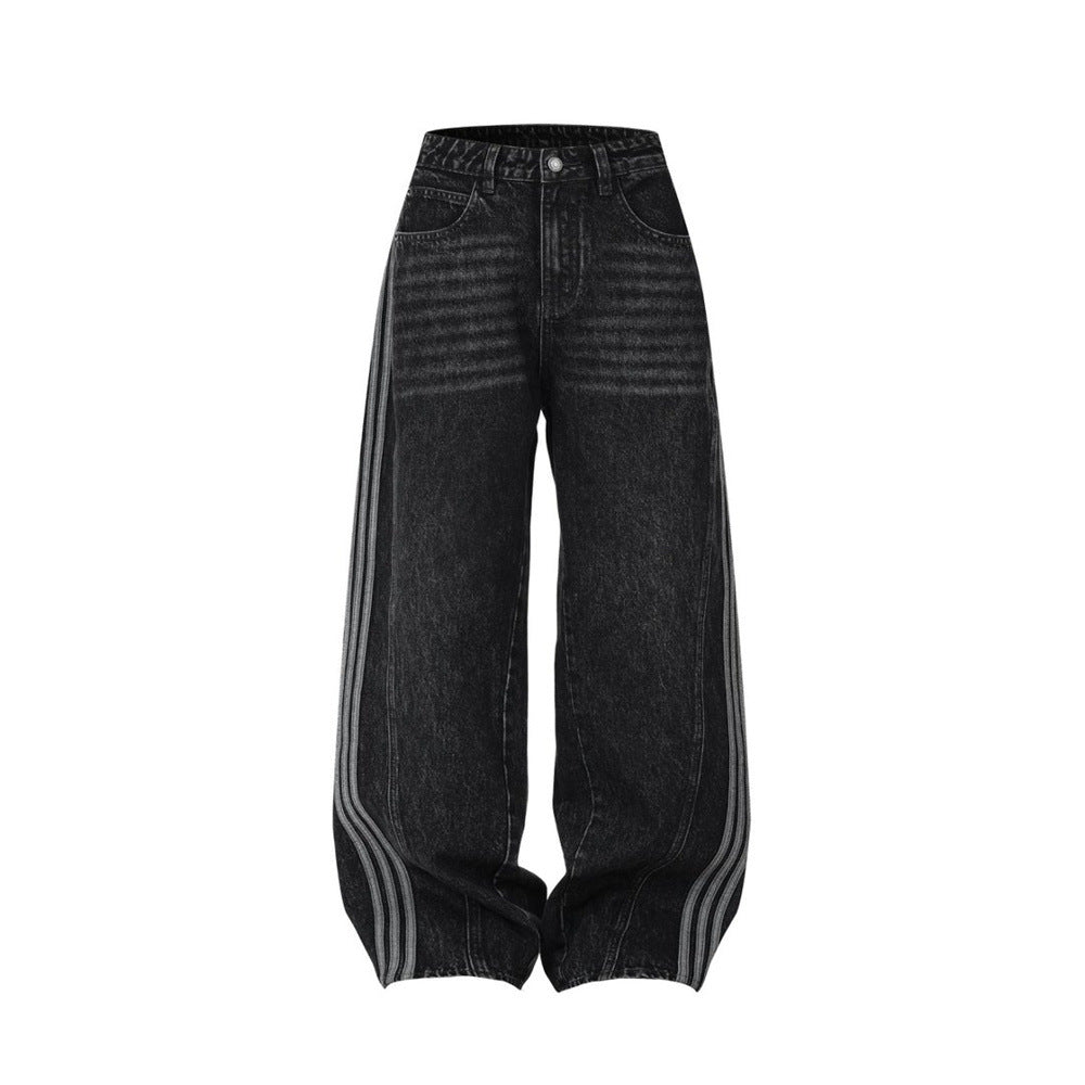 Wide Leg Dad Jeans – Washed Black Denim with Side Stripe Detail