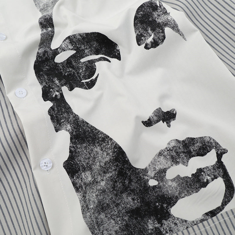 Striped Abstract Face Print Oversized Long Sleeve Shirt