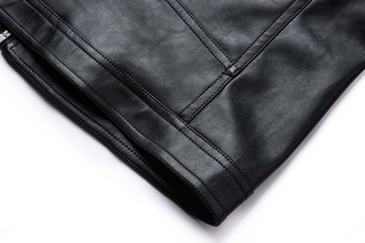 Black PU Leather Moto Jacket – Vintage Biker Style with Stand Collar & Silver
