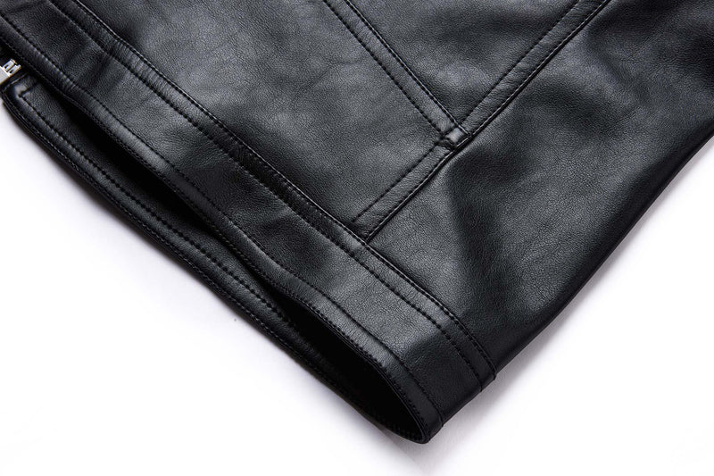 Black PU Leather Moto Jacket – Vintage Biker Style with Stand Collar & Silver