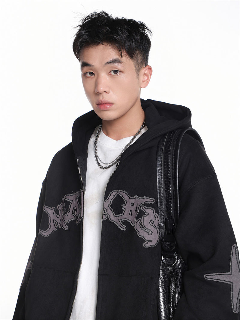 Baggy Zip Up Hoodie with Letter Appliqué — Oversized Streetwear Zip Hoodie