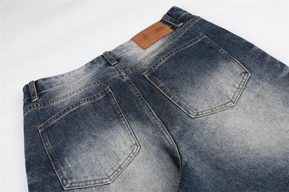 Vintage Wash Wide-Leg Flare Jeans – Men's Distressed Crease-Effect Denim