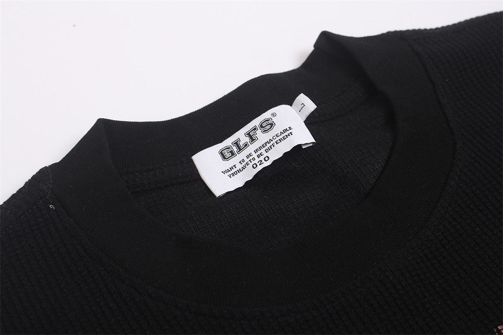 Black Graphic Long Sleeve Shirt – Dark Cross Flame Print Oversized Waffle Knit