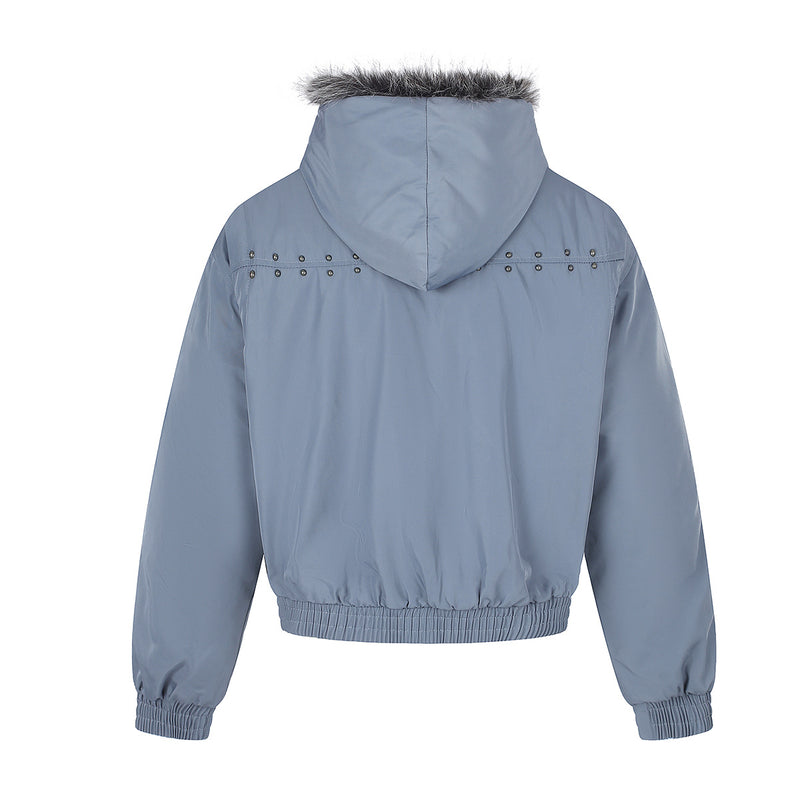 Studded Puffer Bomber Jacket with Faux Fur Hood