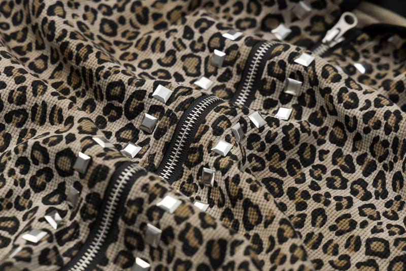 Leopard-Zip-Hoodie Streetwear – Kristallnieten-Details, lange Ärmel