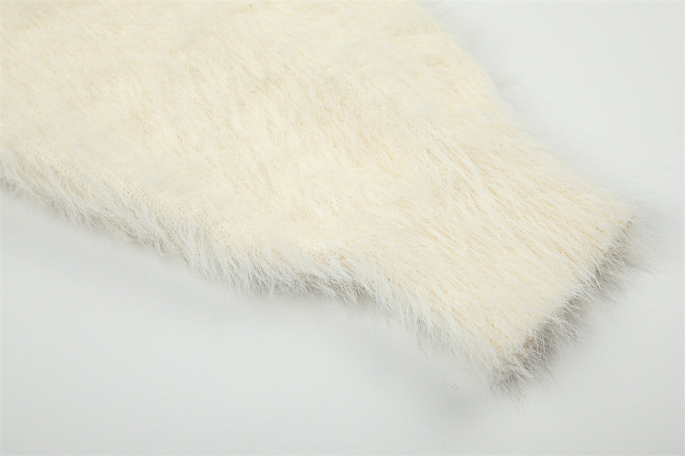 Fuzzy Knit Zip-Up Hoodie with Animal Patches – Streetwear Cardigan