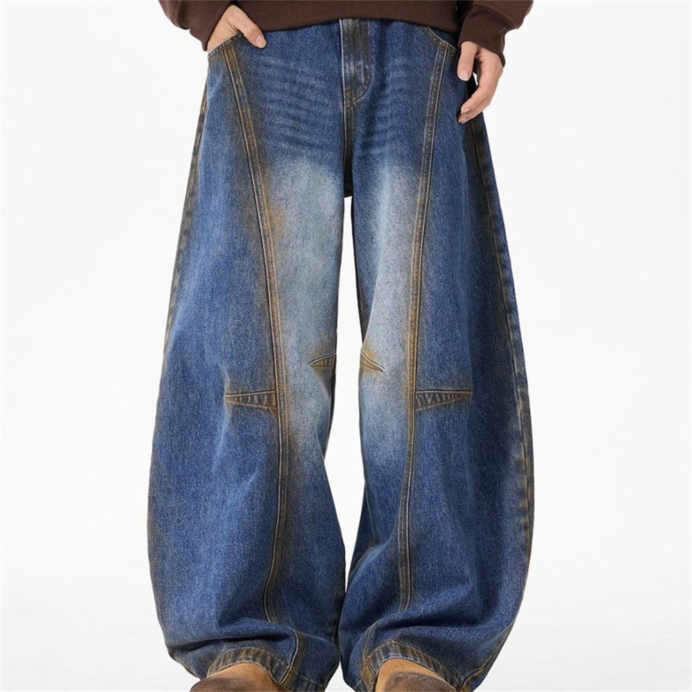 Baggy Wide-Leg Jeans – Deconstructed Patchwork Scimitar Seam, Vintage Wash with