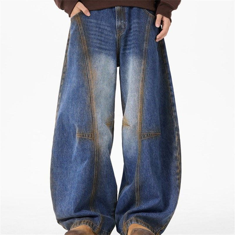 Baggy Wide-Leg Jeans – Deconstructed Patchwork Scimitar Seam, Vintage Wash with