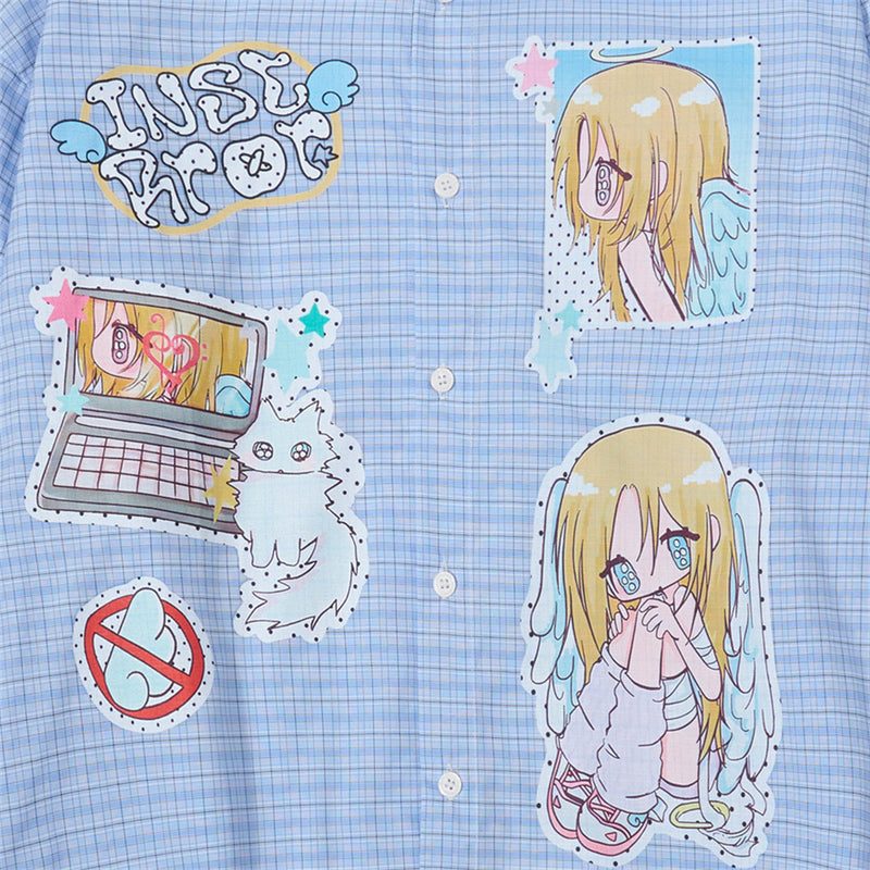 Blue plaid shirt front close-up with anime patches and graphic details